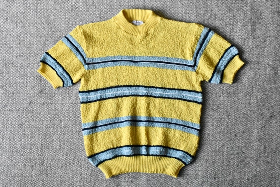Vtg 60s Penneys Towncraft Plus Yellow & Blue Striped Polyester 