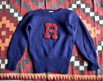 Vtg 40s 50s Blue Wool Boat Neck Ivy League College Varsity Sweater Jumper S