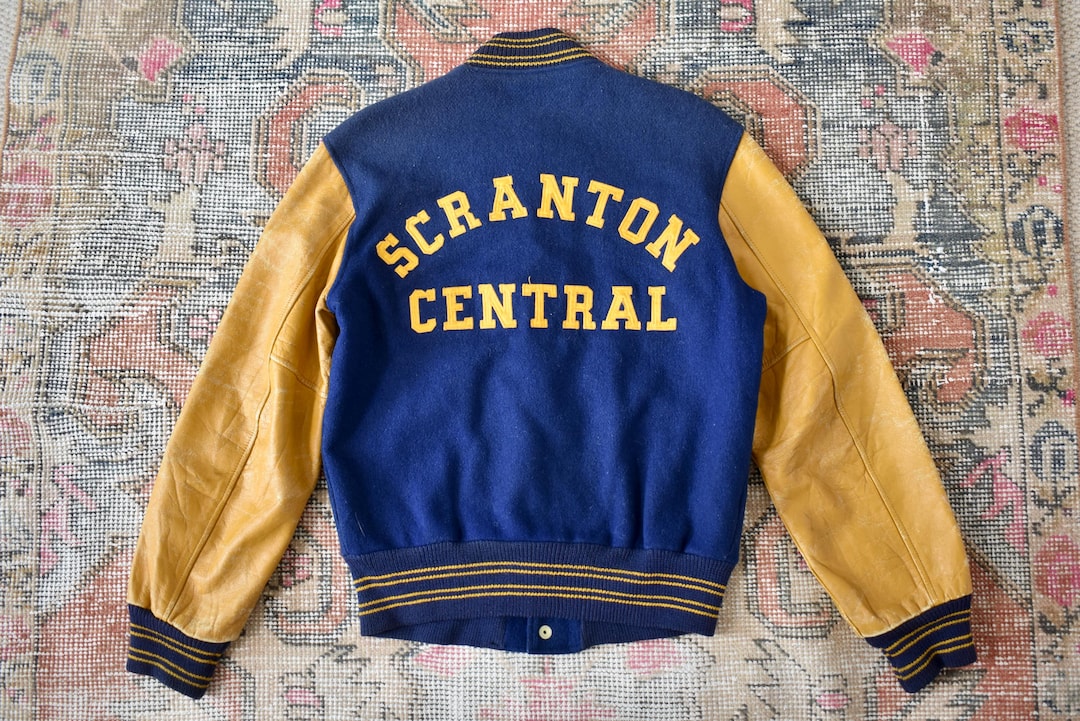 Vtg 1965 Butwin Blue Wool & Yellow Leather Arm Scranton Central