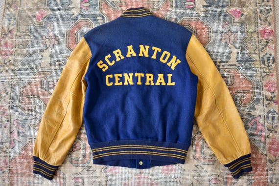 Vtg 1965 Butwin Blue Wool & Yellow Leather Arm Scranton Central