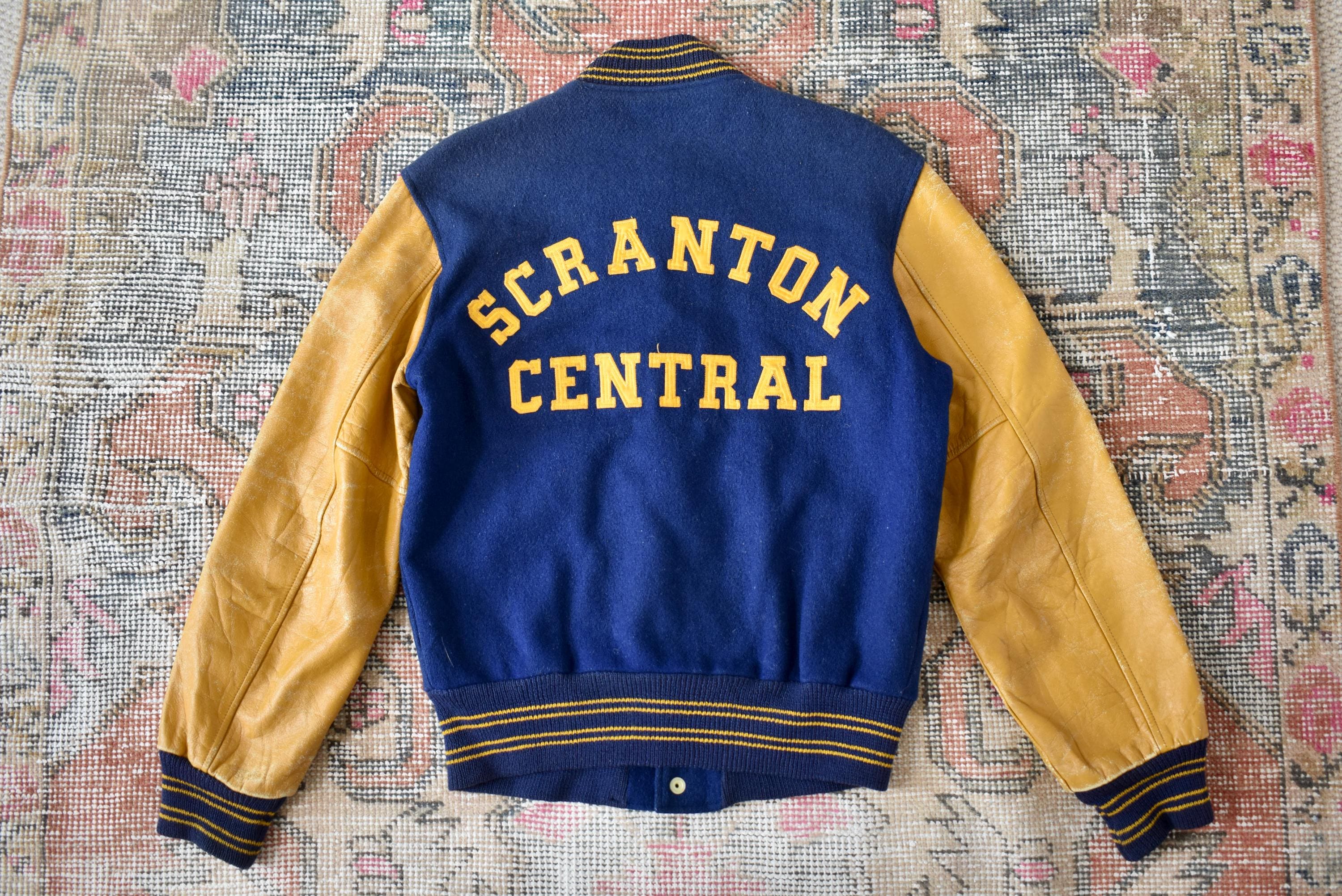 Vtg 1965 Butwin Blue Wool & Yellow Leather Arm Scranton Central