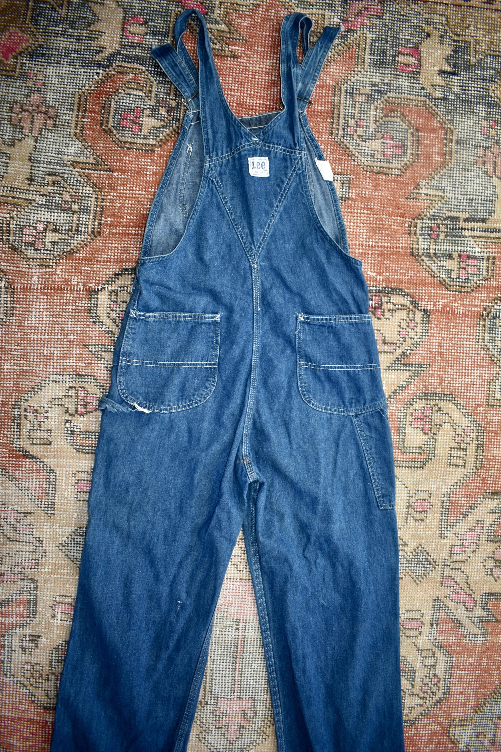 Vtg 70s LEE Blue Denim Workwear Overalls Bibs Dungarees Made