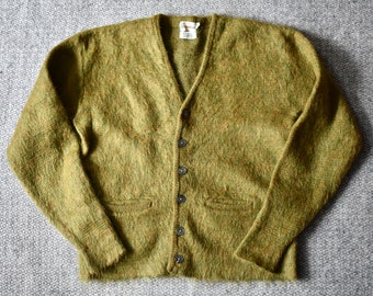 Vtg 50s 60s Sportswear Green Wool & Mohair Fuzzy Kurt Cobain Cardigan Sweater Grunge M/L