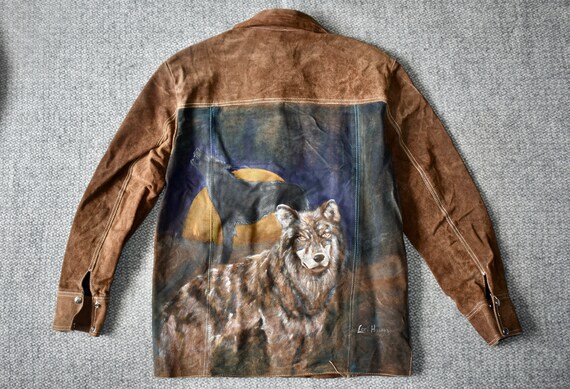 Vtg 70s Hand Painted Wolf Portrait Suede Leather Western Cowboy 