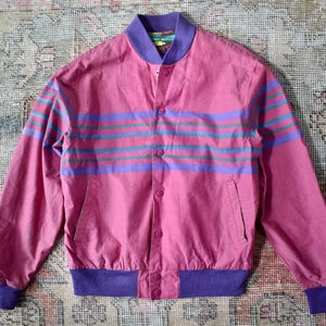 Vtg 80s Wrangler Pink & Purple Striped Brushpopper Bomber Jacket