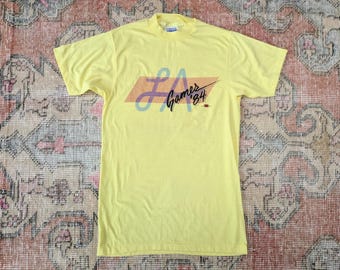 Vtg 80s LA Games '84 Yellow Graphic Single Stitch Tee Olympics T