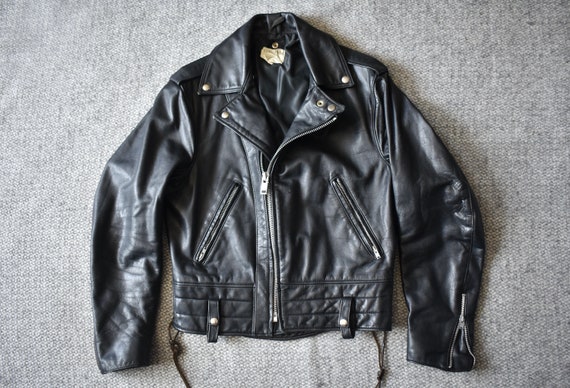 Vtg 60s 70s British Black Real Hide Leather Motorcycle Biker 