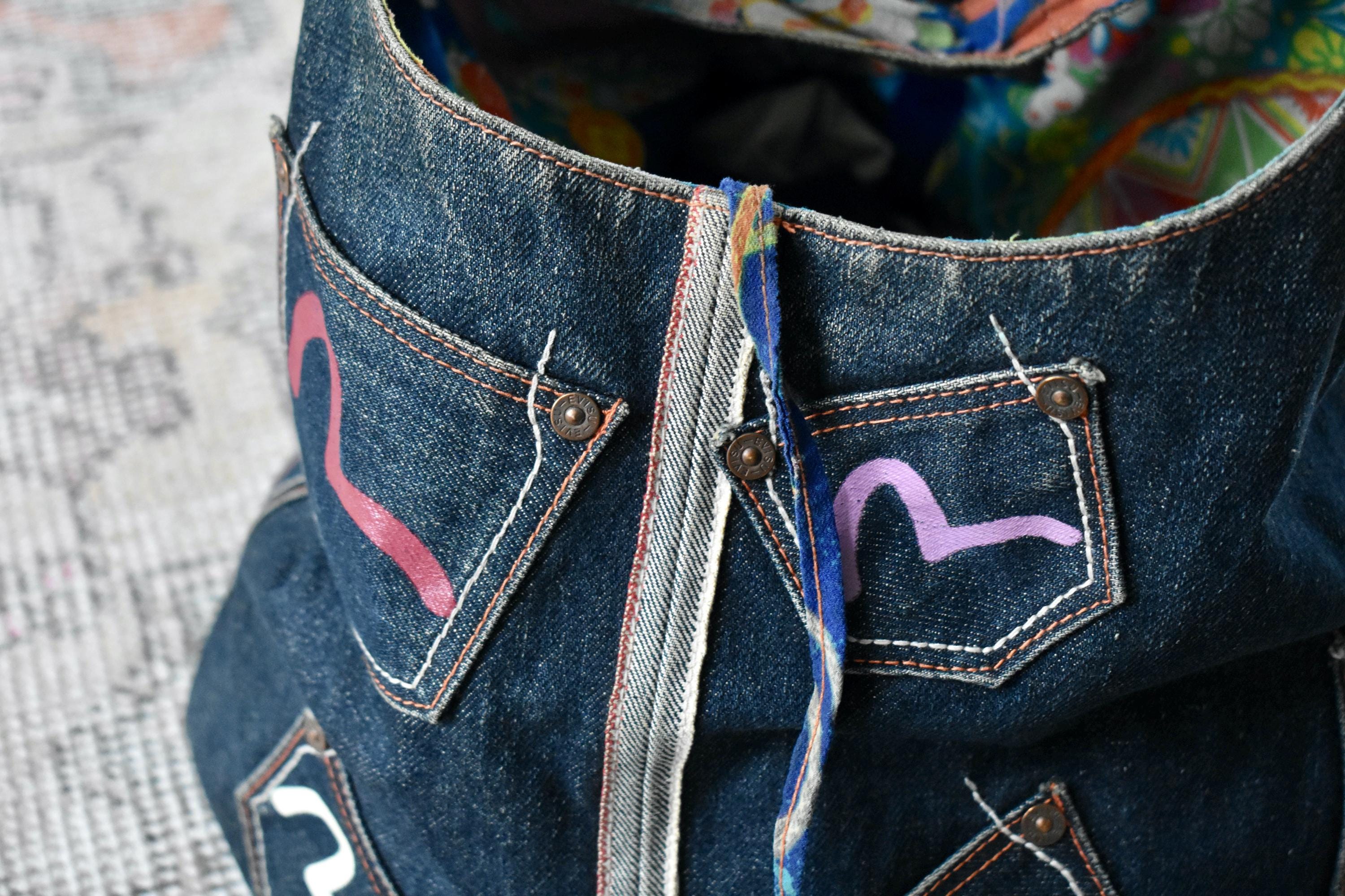 Vtg Evisu Reversible Multi Pocket Selvedge Denim Shoulder Tote Bag