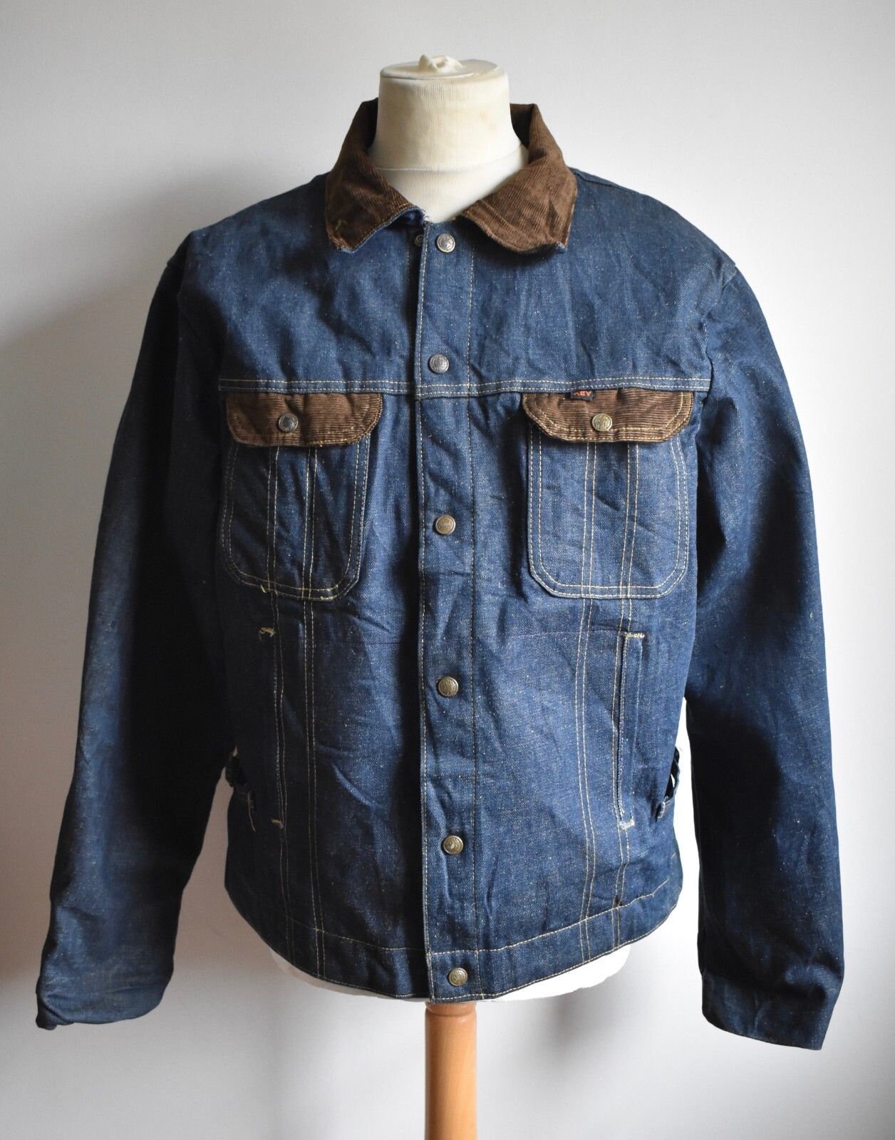 Image of Vtg 70S Key Imperial Blue Denim Corduroy Trim Red Quilted Workwear Chore Jacket Americana Large 42