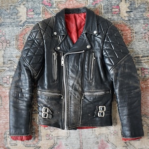 Blouson de moto rembourré en cuir noir anglais VTG années 70, motard XS/S