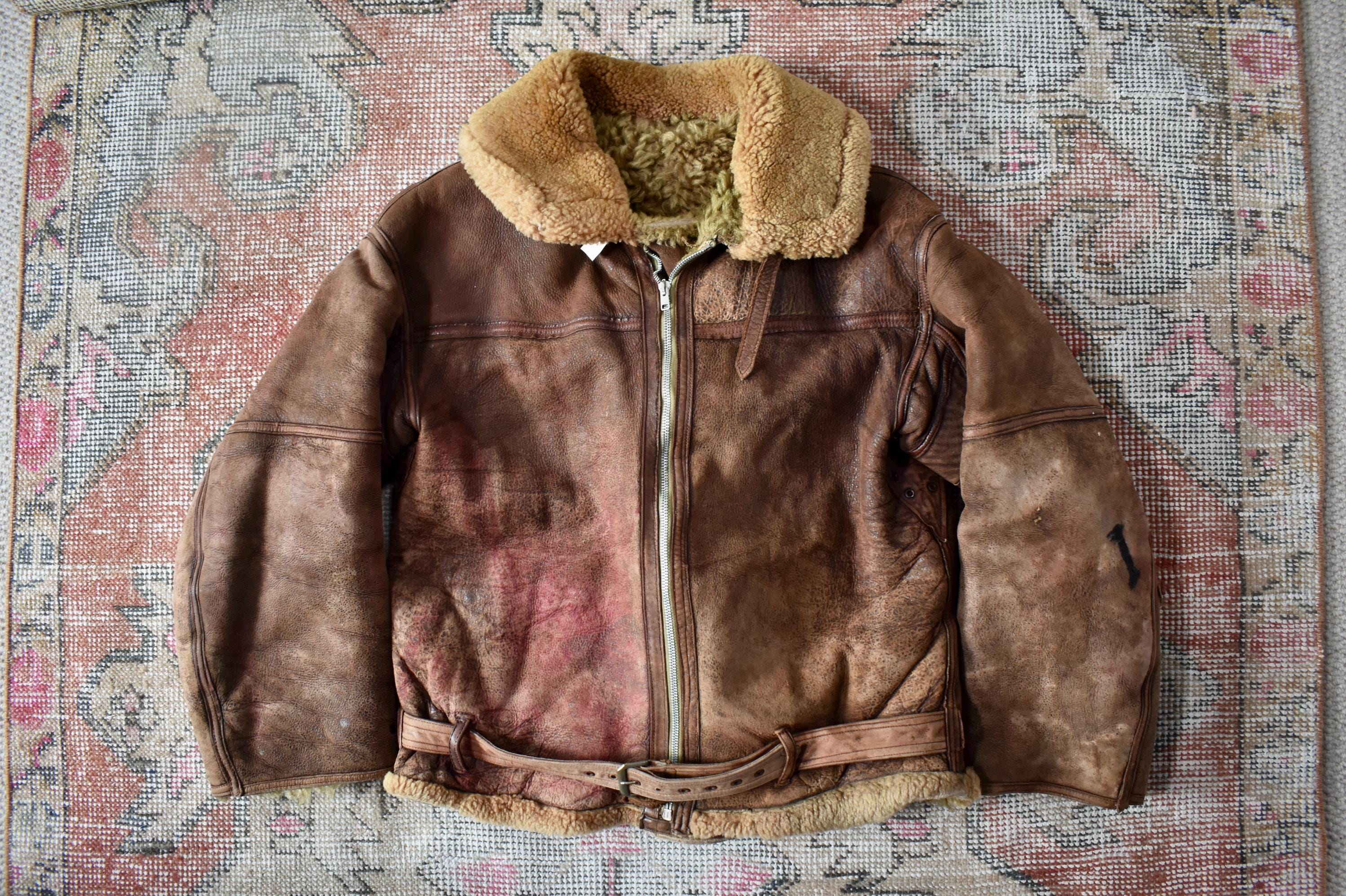 Vtg 40s WWII RAF Royal Air Force Sheepskin Leather Aviator Coat