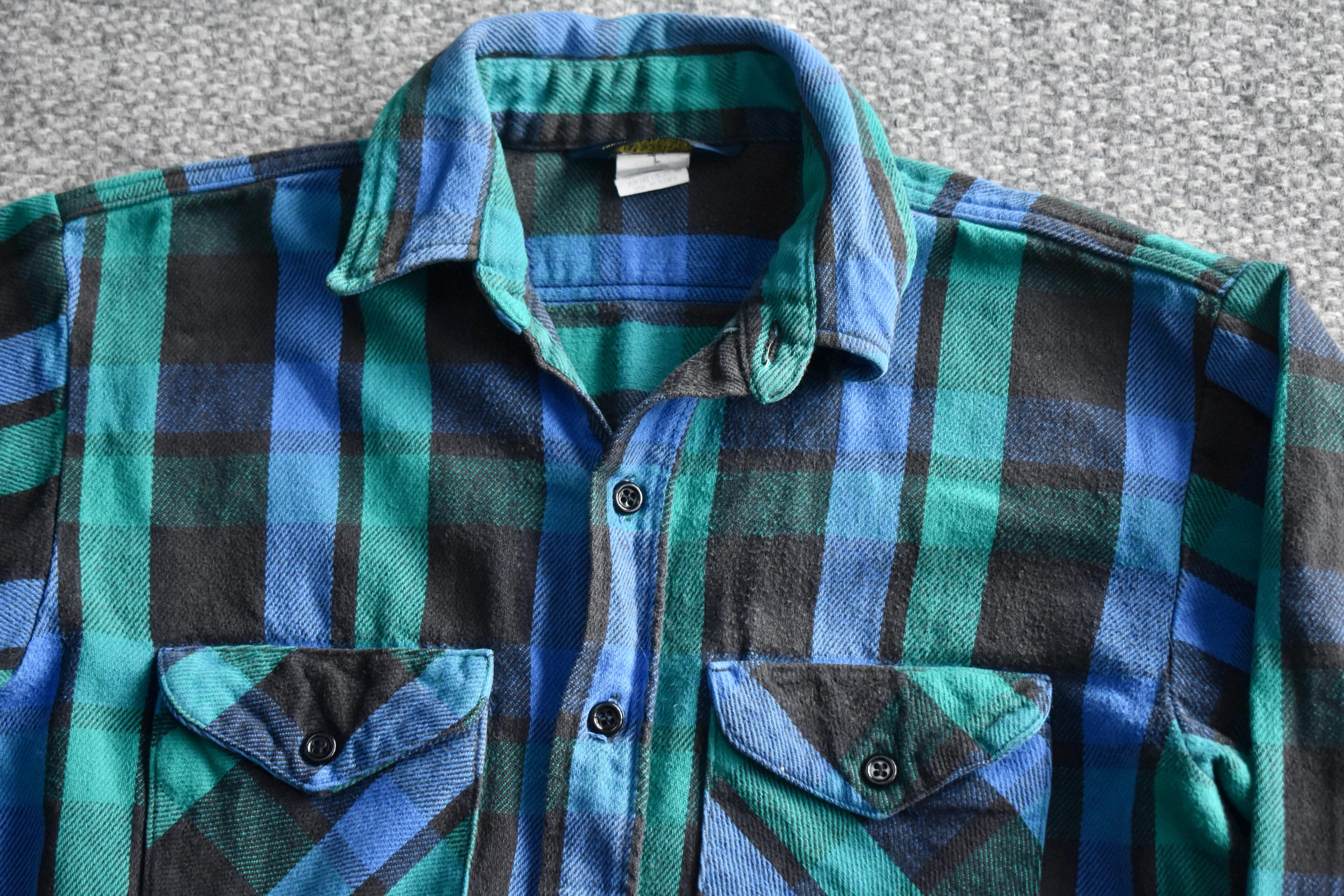 Vtg 90s Oshkosh B'gosh Blue Green & Black Plaid Cotton Flannel