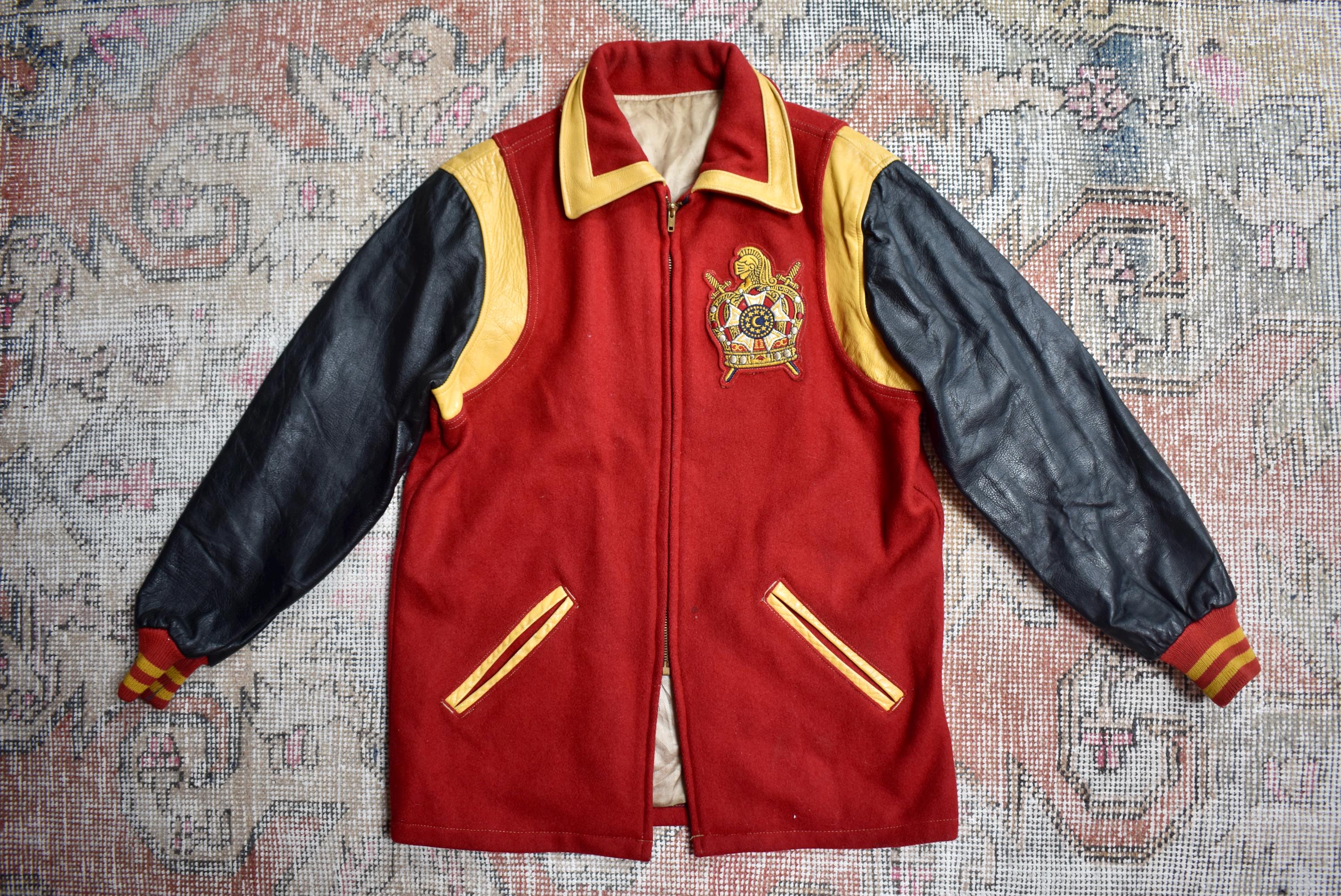 YELLOW CORD ジャケット LL レッドとMレッド Vtg 60s Demolay Knights Templar Red Wool & Leather Masonic Jacket