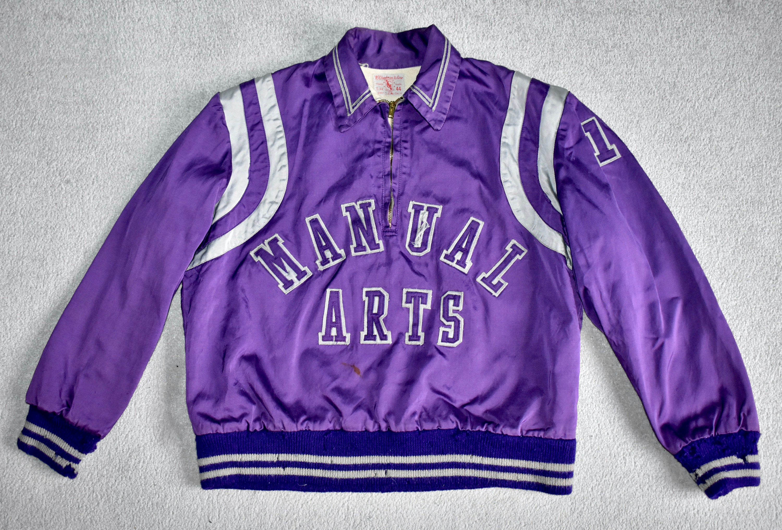 Vtg 50s 60s MANUAL ARTS High School Purple & Silver Satin