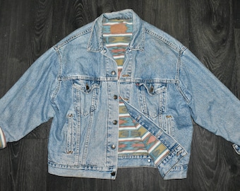 Vtg 80s LEVI'S 70417 Red Tab Blue Denim Southwest Aztec Flannel Lined Trucker Jean Jacket L