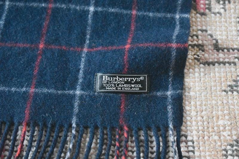 Vtg 80s Burberrys London 100% Lambswool Navy Blue & Red Windowpane