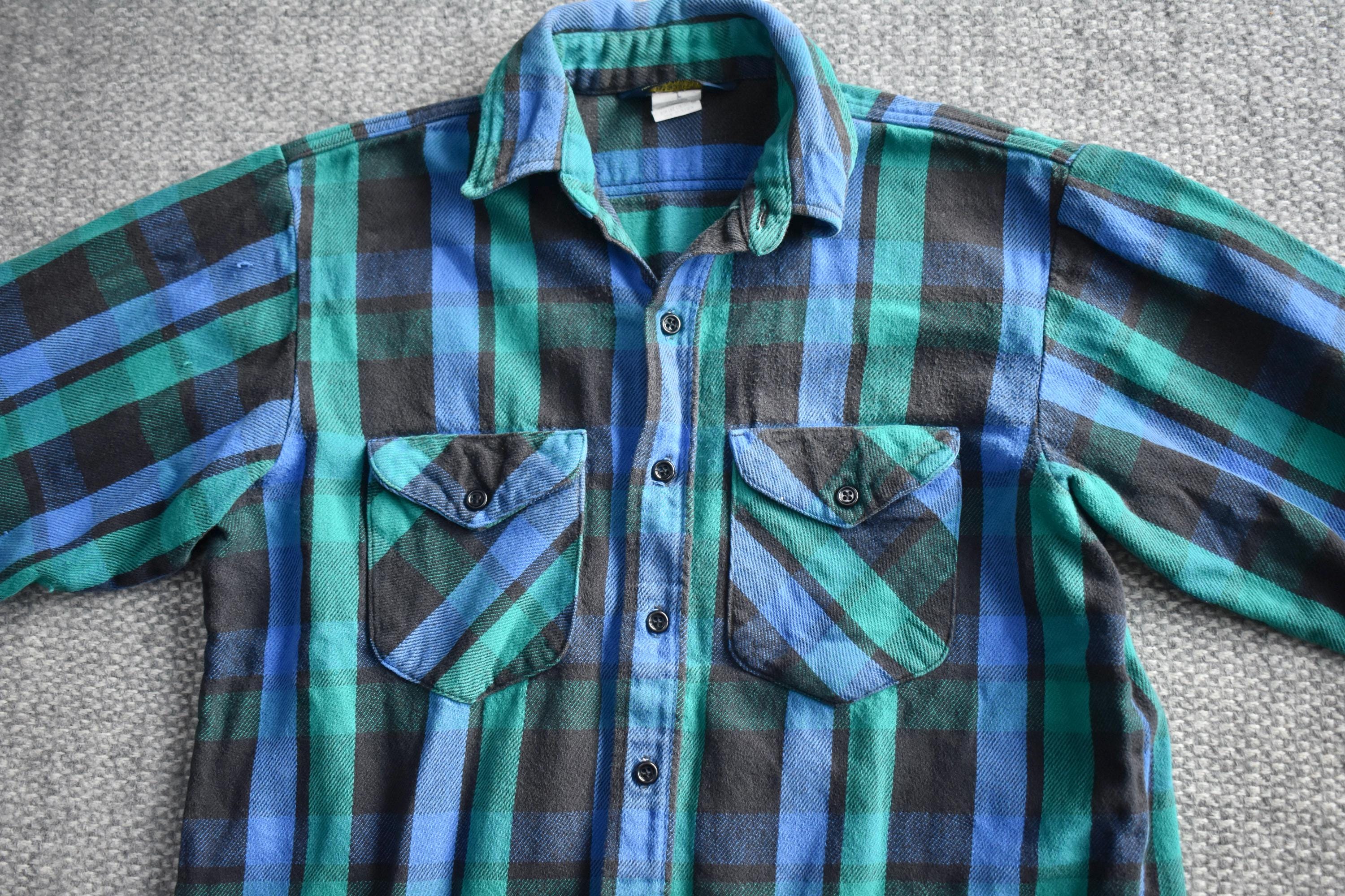 Vtg 90s Oshkosh B'gosh Blue Green & Black Plaid Cotton Flannel