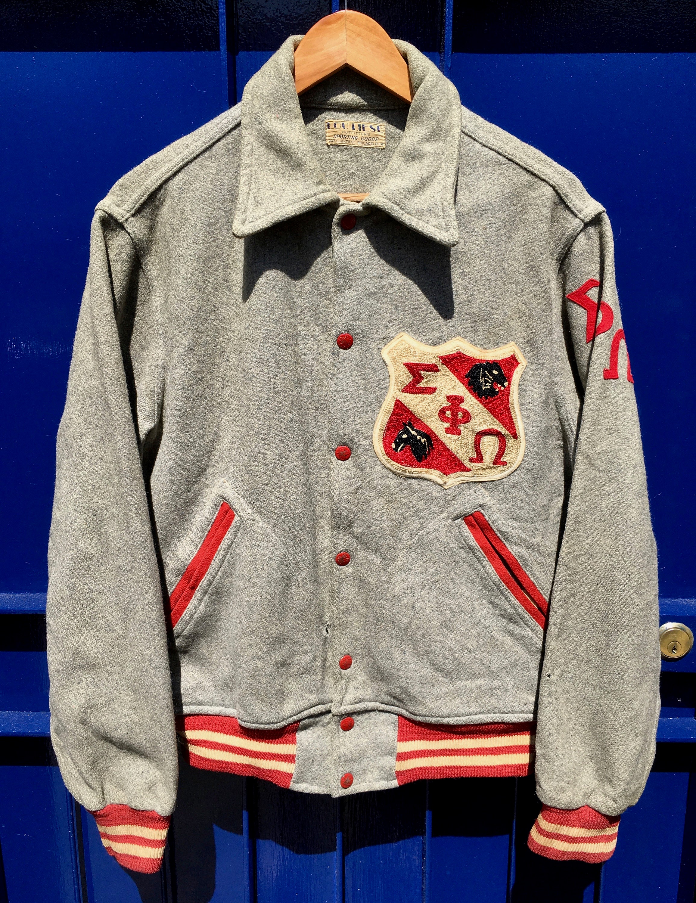 Image of Vtg 1940's Lou Liese Grey Wool Fraternity Epsilon Phi Omega Collegiate Jacket Varsity Letterman Sportswear Rockabilly Usa 40