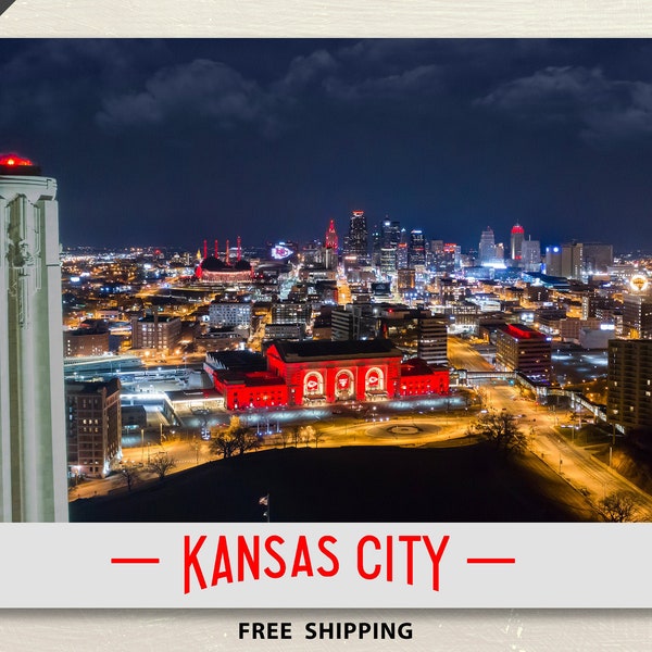 Kansas City Chiefs Skyline Night Photo (Downtown KC Cityscape Print - Union Station - Chiefs Red Chiefs Kingdom - Aerial Photography)