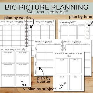 May include: A white planner with the text "BIG PICTURE PLANNING" and "*ALL text is editable!*" is displayed. The planner includes sections for weekly, term, quarter, and subject planning, with various subject categories.