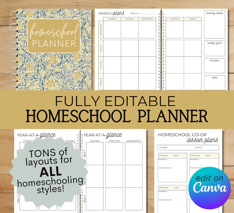 Peut inclure: Un planificateur d'&eacute;cole &agrave; domicile imprimable avec un motif floral sur la couverture. Le planificateur comprend des plans hebdomadaires, des pages d'aper&ccedil;u annuel et des plans de cours de coop&eacute;rative d'&eacute;cole &agrave; domicile. Le texte "PLANIFICATEUR D'&Eacute;COLE &Agrave; DOMICILE TOTALEMENT MODIFIABLE" est affich&eacute; dans une banni&egrave;re au milieu de l'image. Le texte "DES TONNES de mises en page pour TOUS les styles d'&eacute;cole &agrave; domicile !" est affich&eacute; dans une forme d'&eacute;toile en bas &agrave; gauche de l'image. Le texte "modifier sur Canva" est affich&eacute; dans un cercle en bas &agrave; droite de l'image.