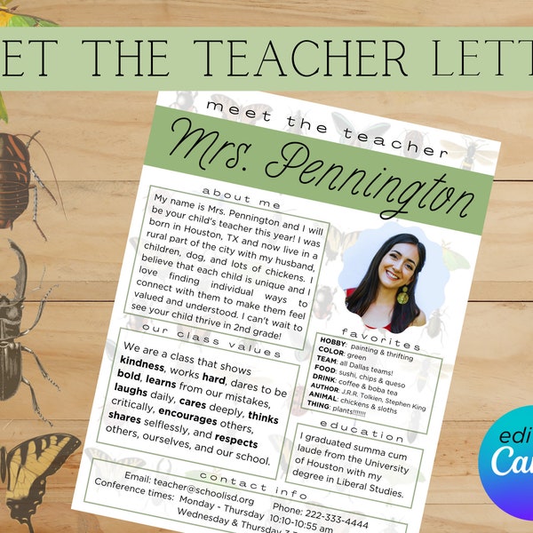 INSECT Meet the Teacher Letter Canva Template | Editable Meet the Teacher Bug Theme