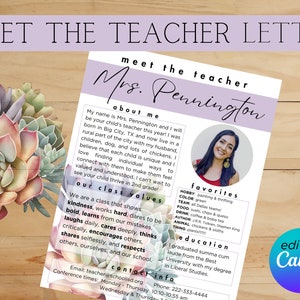 Pastel Suculenta Plantilla de carta Meet the Teacher / Cactus editable Plantilla Canva Meet the Teacher