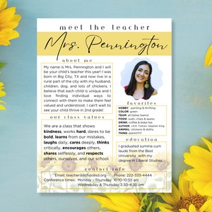 Folleto Meet the Teacher - Aula temática de girasol - Plantilla editable en Canva