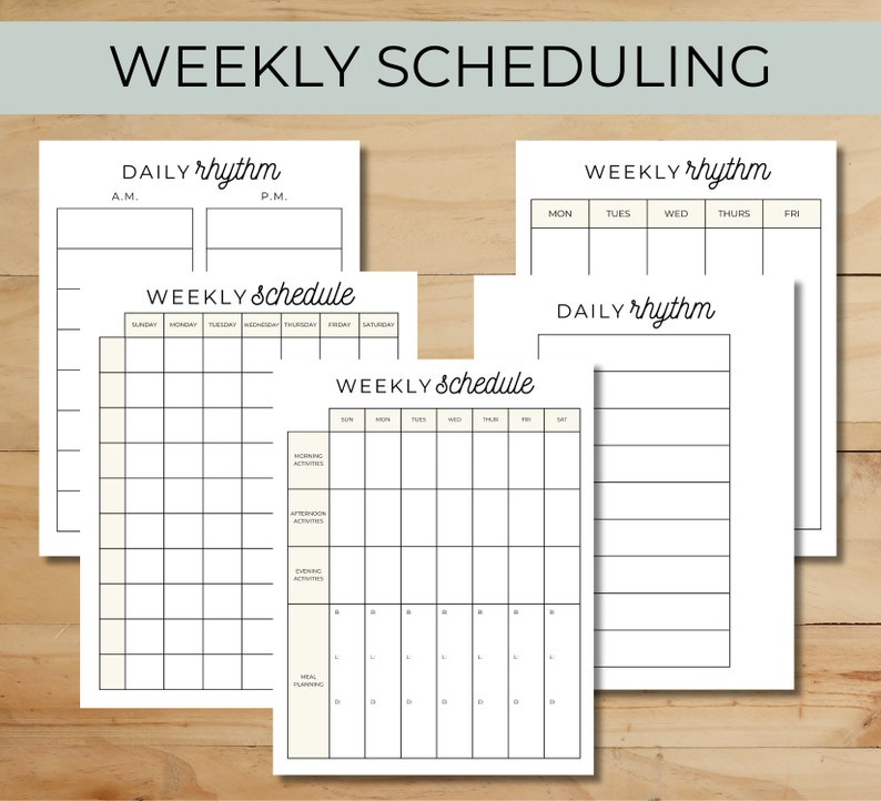 May include: Several white paper planner sheets with the words "WEEKLY SCHEDULING" at the top. The sheets include sections for daily and weekly schedules, with spaces for writing in activities and times. The words "DAILY rhythm" and "WEEKLY schedule" are also visible.