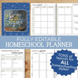 May include: A blue and white planner with the text "home education" on the cover. The planner has a spiral binding and is open to a page with a weekly schedule. The planner also has a year-at-a-glance section and a section for homeschool co-op lesson plans.