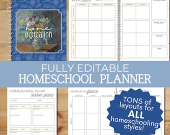 May include: A blue and white planner with the text "home education" on the cover. The planner has a spiral binding and is open to a page with a weekly schedule. The planner also has a year-at-a-glance section and a section for homeschool co-op lesson plans.