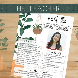 Plantilla de carta de presentación del profesor con plantas de interior de estilo boho: decoración del aula con temática de plantas en maceta