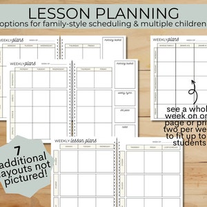 May include: A lesson planning notebook with multiple layout options. The notebook features weekly plan templates with spaces for daily subjects, family, and student schedules. Text includes "Lesson Planning" and "Weekly Plans".