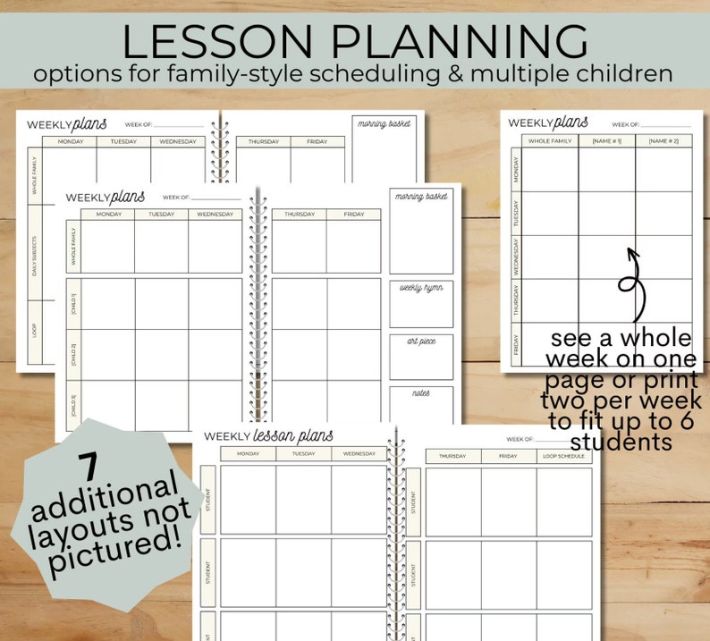 May include: A lesson planning notebook with multiple layout options. The notebook features weekly plan templates with spaces for daily subjects, family, and student schedules. Text includes "Lesson Planning" and "Weekly Plans".