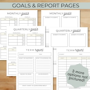 May include: A collection of printable planner pages with headings like "Monthly Goals," "Quarterly Goals," and "Term Report." The pages are white with black text and include sections for personal and family goals, and student information.