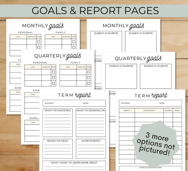 May include: A collection of printable planner pages with headings like "Monthly Goals," "Quarterly Goals," and "Term Report." The pages are white with black text and include sections for personal and family goals, and student information.