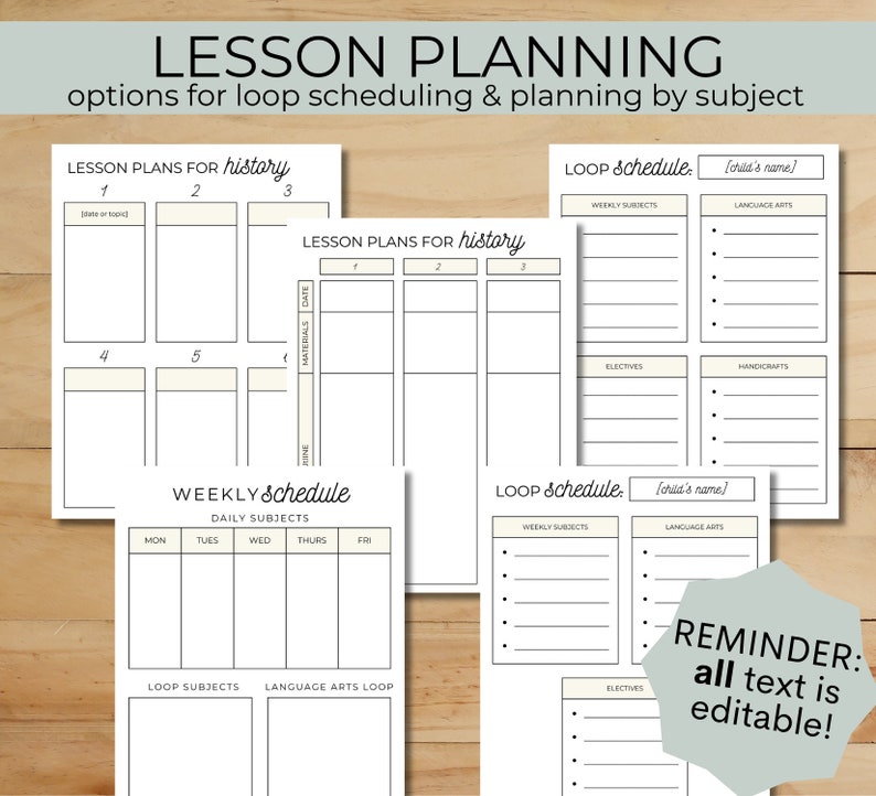 May include: A collection of printable lesson planning templates with the text "LESSON PLANNING" and "options for loop scheduling & planning by subject." The templates include lesson plans for history, weekly schedules, and loop schedules. The text "all text is editable!" is also visible.
