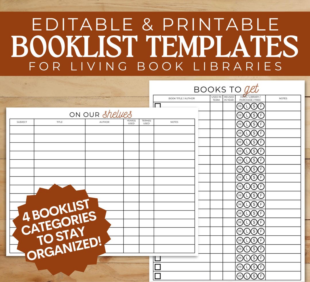 EDITABLE Book Lists for Living Book Library | Home Library Bookshelf ...