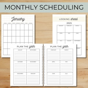 May include: A collection of open planners with the text "MONTHLY SCHEDULING" at the top. The planners include monthly and yearly layouts, with the months of the year and the year 2025 displayed. The pages are white with black text.