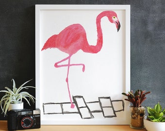 Digital Download Silly Flamingo Playing Hopscotch Watercolor Print