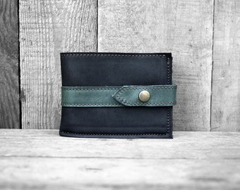 Wallet with detachable wallet in black and green blue leather