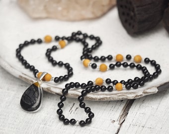 Black Onyx Mala Beads with Matte Yellow Mookaite Jasper and Black Picasso Jasper Pendant, Hand-Knotted 108 Mala Beads, Meditation Necklace