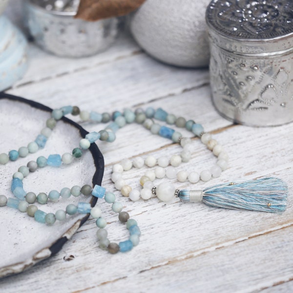 Raw Aquamarine Mala Beads, Aquamarine and White Moonstone Mala Necklace with Silk Tassel and Sterling Silver Findings, Yoga Mala 108 Beads
