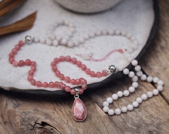 Rhodochrosite and Moonstone Mala Necklace, Pendant Mala, Pink Mala Beads, Bohemian Necklace