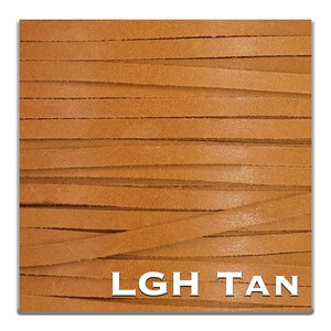 May include: Close-up of a light tan leather cord, showing the texture of the leather. The text "LGH TAN" is printed on the bottom of the image.