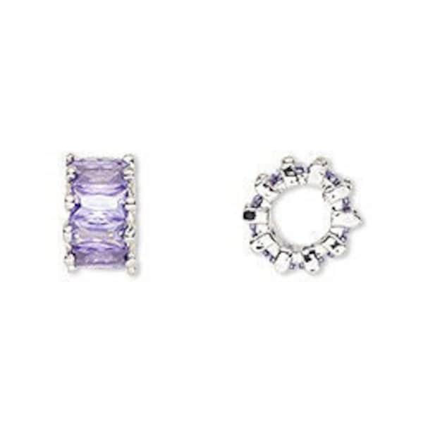 Big Hole Bead, Bracelet Charm Bead-Cubic zirconia and silver-plated brass, amethyst, 10.5x6mm rondelle. Sold per pkg of 2.