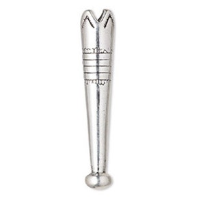 May include: A silver, decorative, pointed,  metal  pipe with a  unique design. The pipe has a  pointed tip and a  rounded base.