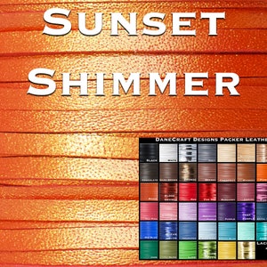 May include: Sunset Shimmer leather lacing in orange with a shimmer finish.  Danecraft Designs Packer Leather is a brand of leather lacing available in a variety of colors and widths.  Lacing widths are 2.5mm (1/10"), 3mm (1/8"), 4mm (5/32"), 5mm (3/16"), and 6mm (1/4").