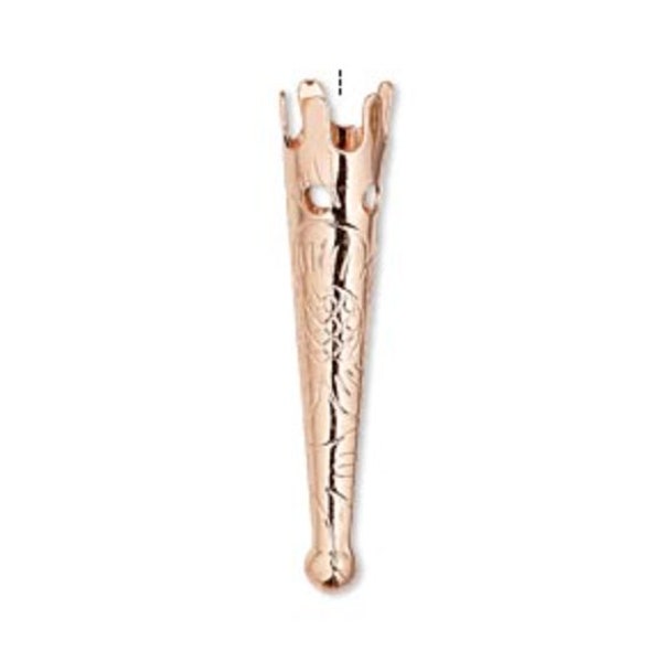 Pair bolo tips, ROSE GOLD copper-plated steel, 33x7mm with flower design. 6mm hole size