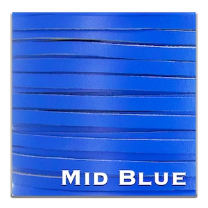 May include: Close-up of a stack of mid-blue leather cord. The cord is smooth and has a slight sheen. The text "MID BLUE" is printed in white at the bottom of the image.